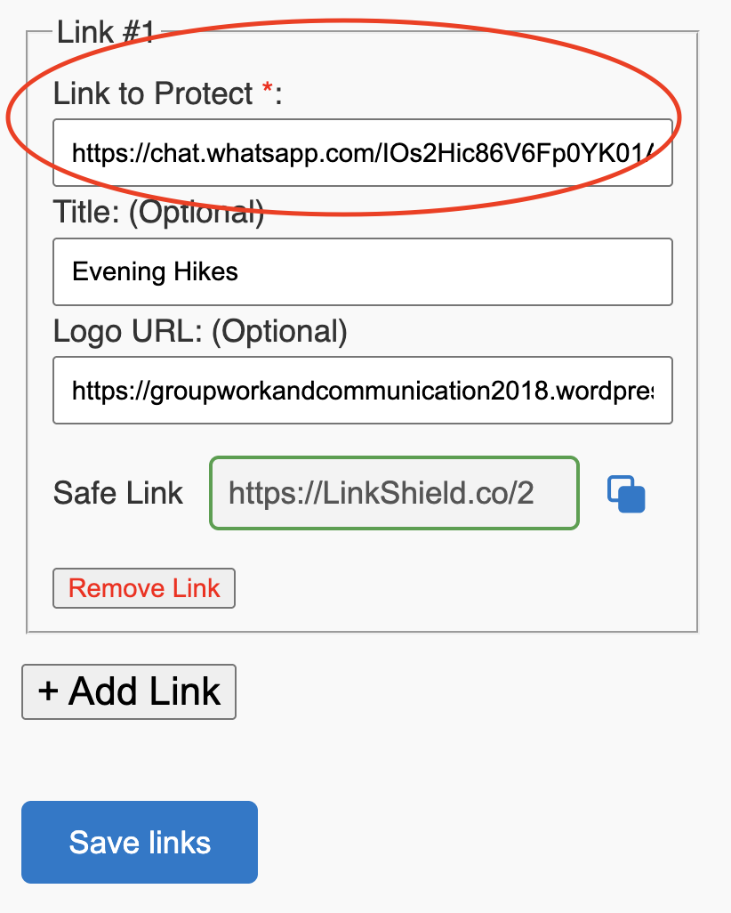 Form example for adding link, title, and logo